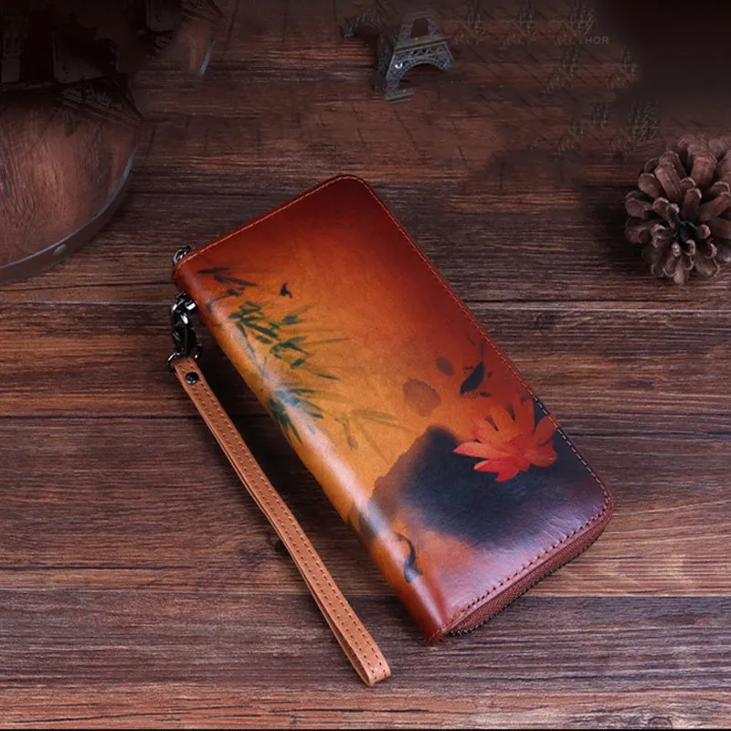 Handmade Womens Leather Zip Around Wallet Wash Painting Flowers Wristlet Wallet Ladies Zipper Clutch Wallet for Women