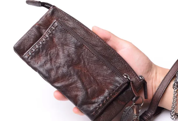 Leather biker Long trucker wallet leather chain men Coffee biker long wallet