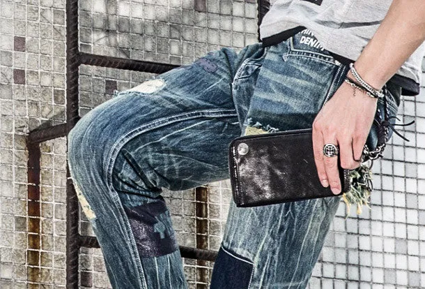 Leather biker trucker wallet leather chain men Black Red long wallet