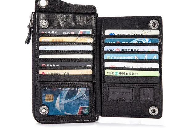 Leather biker trucker wallet leather chain men Black Red long wallet