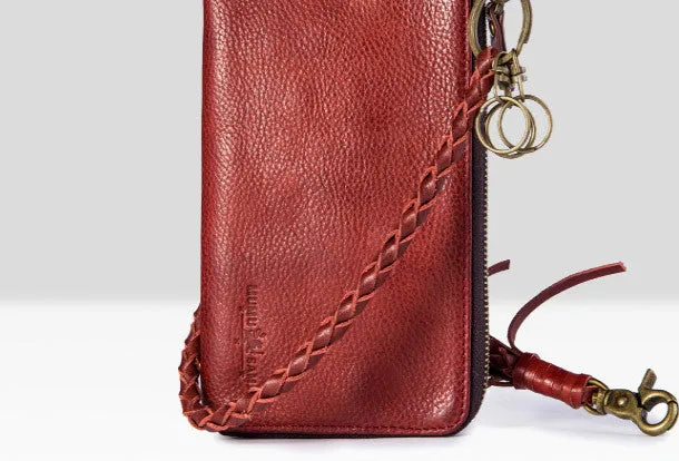 Leather biker trucker wallet leather chain men Black Red long wallet