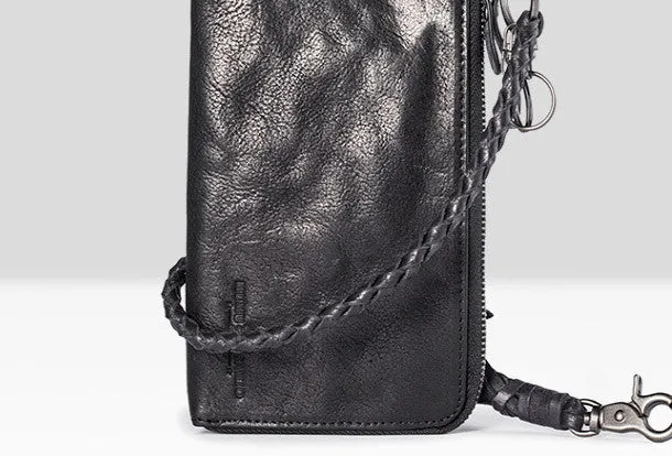 Leather biker trucker wallet leather chain men Black Red long wallet