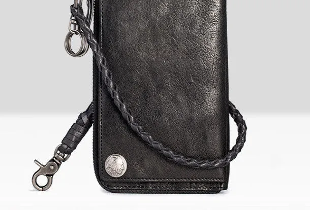 Leather biker trucker wallet leather chain men Black Red long wallet