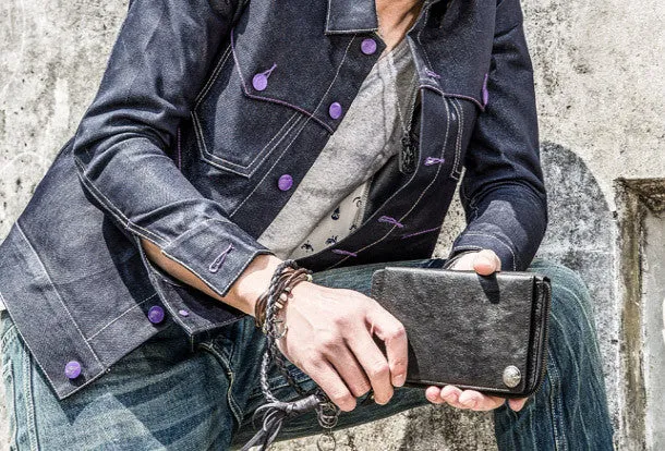 Leather biker trucker wallet leather chain men Black Red long wallet