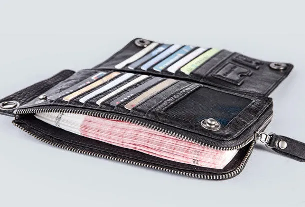 Leather biker trucker wallet leather chain men Black Red long wallet