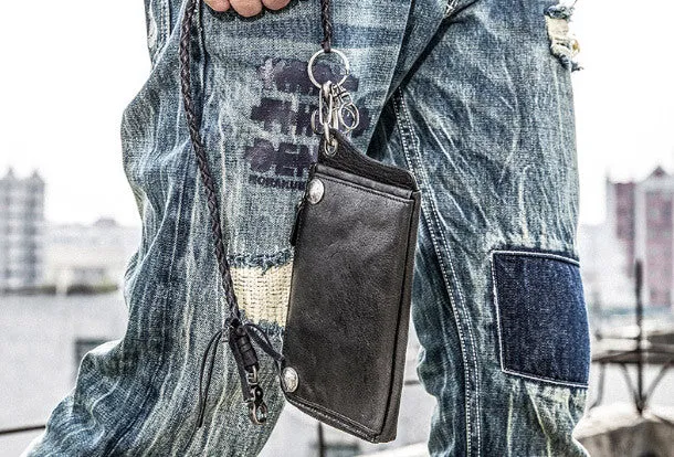 Leather biker trucker wallet leather chain men Black Red long wallet
