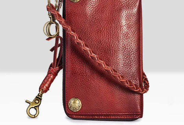 Leather biker trucker wallet leather chain men Black Red long wallet