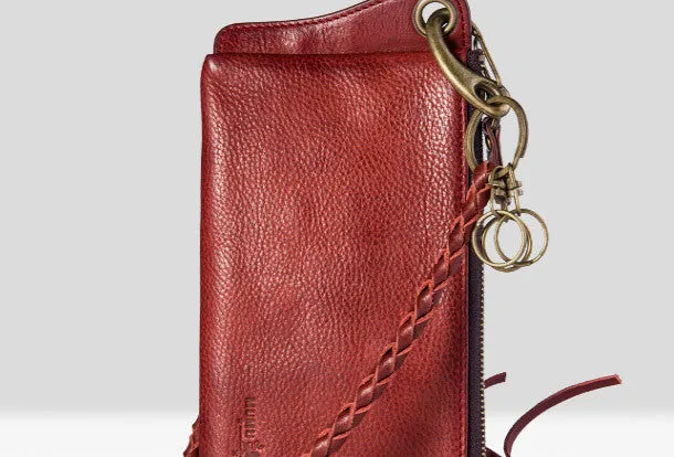 Leather biker trucker wallet leather chain men Black Red long wallet