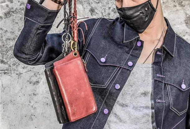 Leather biker trucker wallet leather chain men Black Red long wallet
