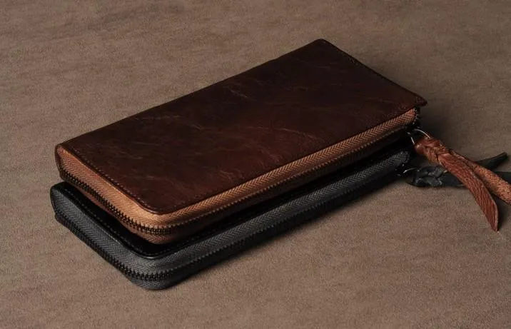 Leather Mens Cool Long Leather Wallet Phone Zipper Clutch Wallet Wristlet Wallet for Men