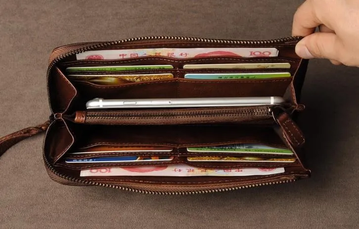 Leather Mens Cool Long Leather Wallet Phone Zipper Clutch Wallet Wristlet Wallet for Men