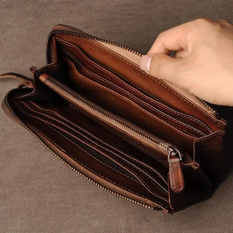 Leather Mens Cool Long Leather Wallet Phone Zipper Clutch Wallet Wristlet Wallet for Men