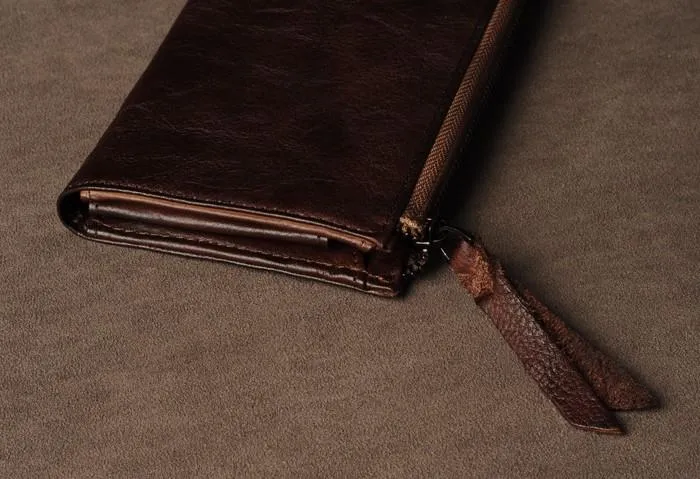 Leather Mens Cool Long Leather Wallet Phone Zipper Clutch Wallet Wristlet Wallet for Men