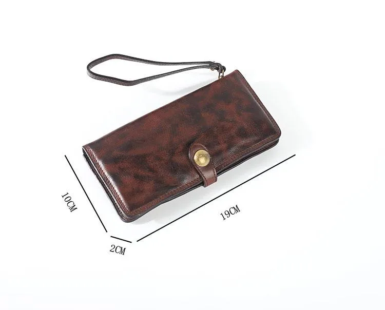 Leather Mens Cool Vintage Wallet Bifold Long Leather Biker Wallet Black Clutch Wristlet Wallet for Men