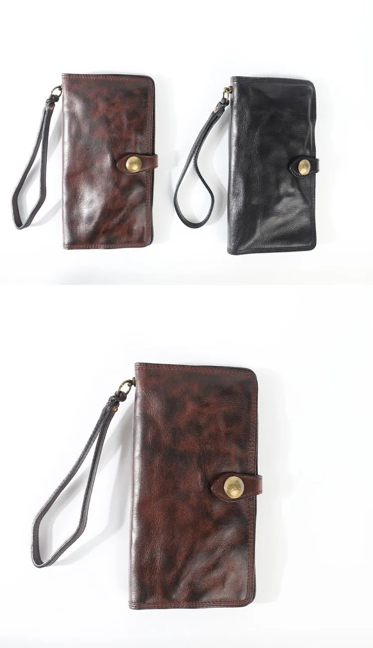 Leather Mens Cool Vintage Wallet Bifold Long Leather Biker Wallet Black Clutch Wristlet Wallet for Men
