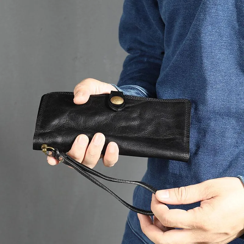 Leather Mens Cool Vintage Wallet Bifold Long Leather Biker Wallet Black Clutch Wristlet Wallet for Men