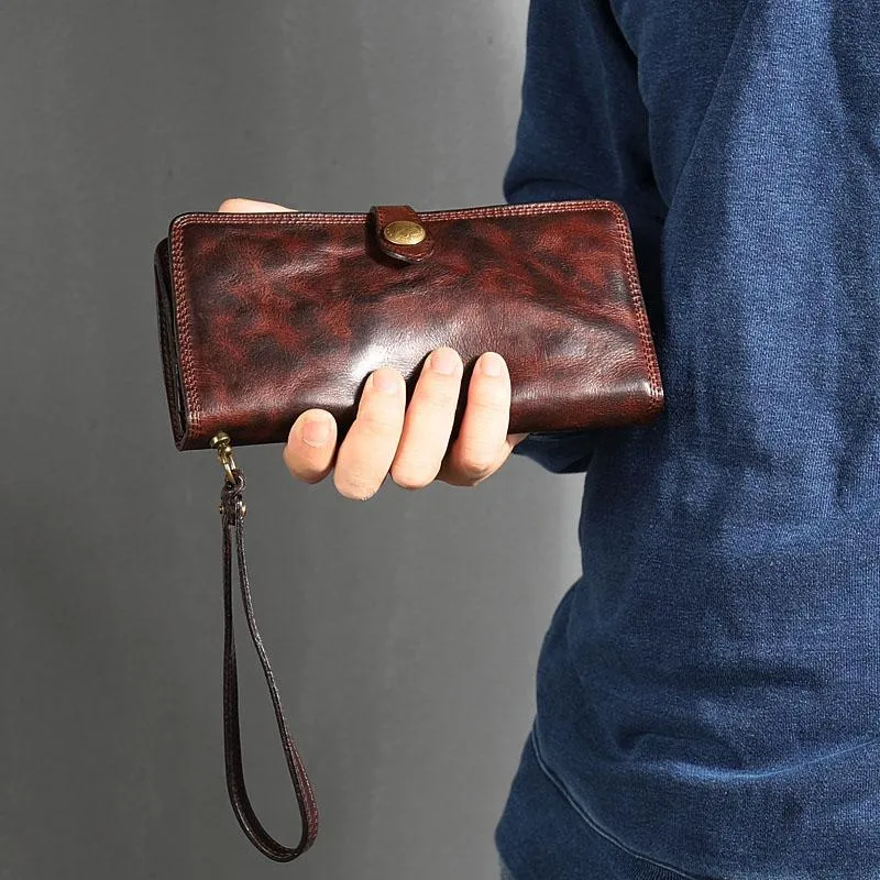 Leather Mens Cool Vintage Wallet Bifold Long Leather Biker Wallet Black Clutch Wristlet Wallet for Men