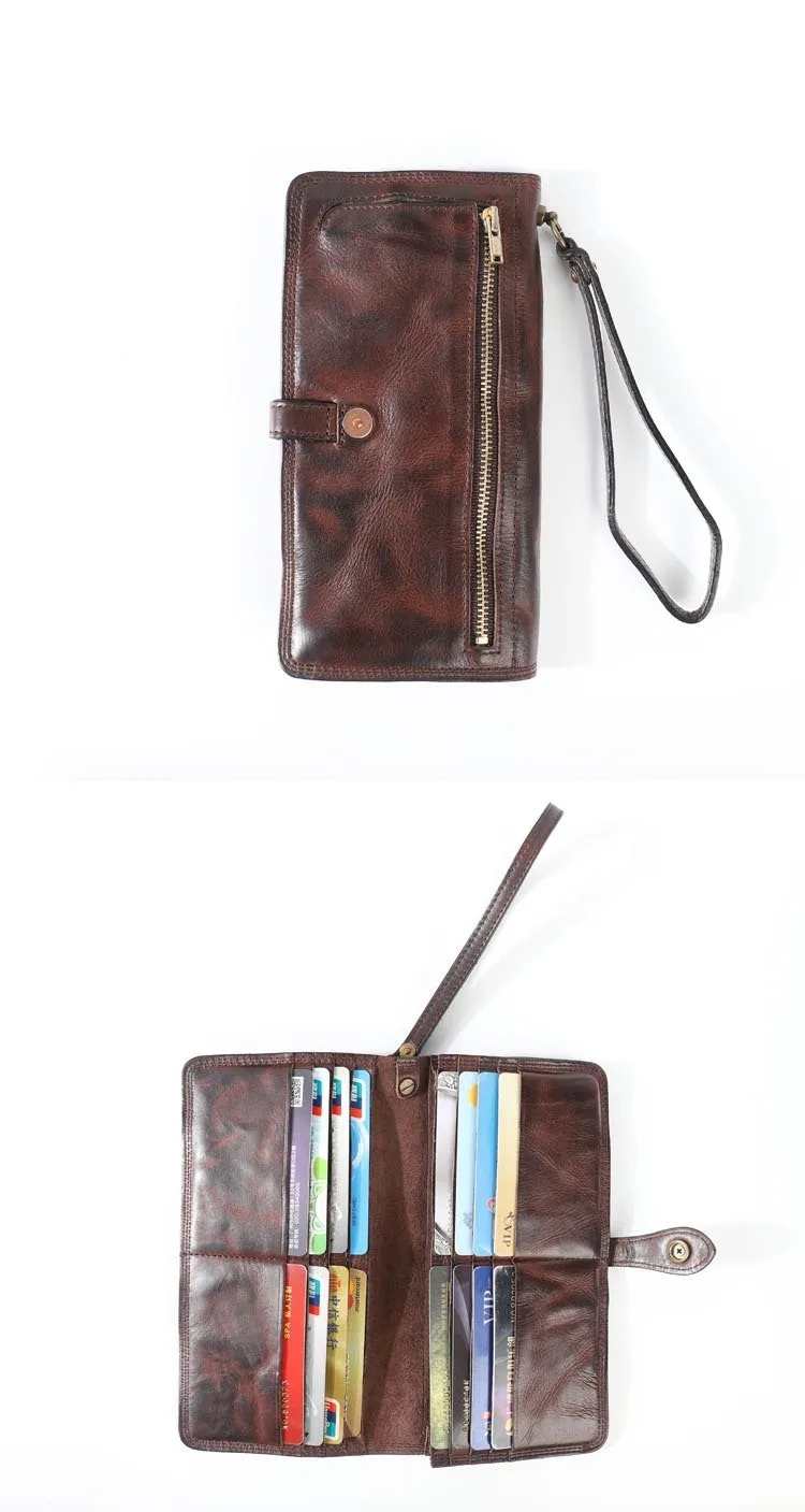 Leather Mens Cool Vintage Wallet Bifold Long Leather Biker Wallet Black Clutch Wristlet Wallet for Men