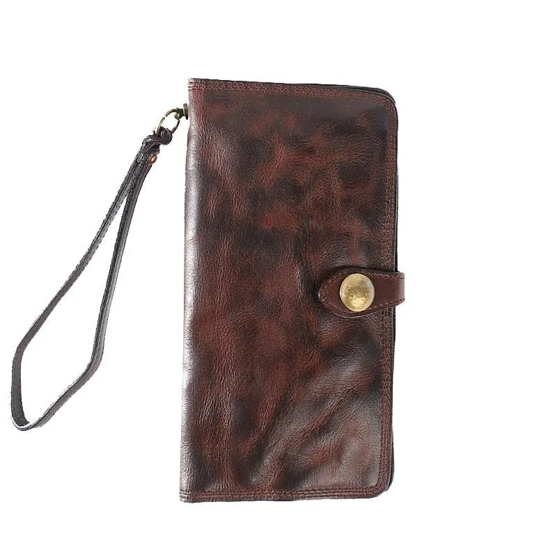 Leather Mens Cool Vintage Wallet Bifold Long Leather Biker Wallet Black Clutch Wristlet Wallet for Men