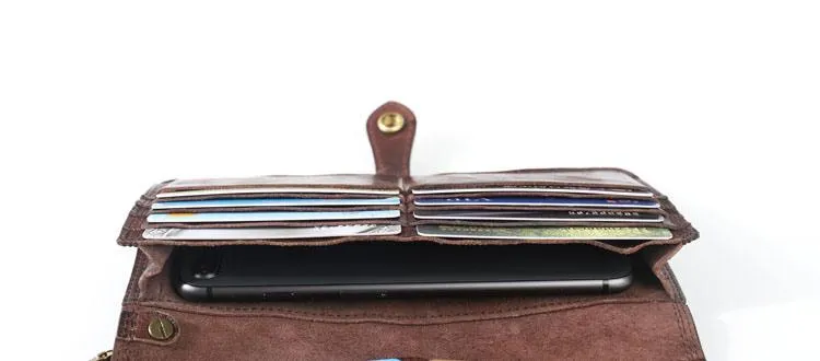 Leather Mens Cool Vintage Wallet Bifold Long Leather Biker Wallet Black Clutch Wristlet Wallet for Men