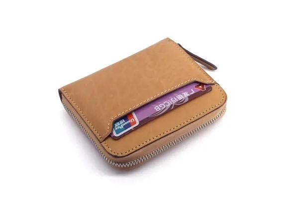 Leather Mens Zipper Front Pocket Wallet Card Wallet Slim billfold Small Change Wallet for Men
