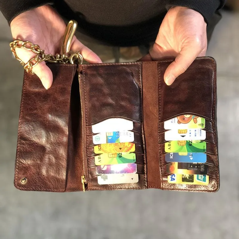 Leather Trifold Wallet on A Chain Trifold Leather Wallets for Men Biker Chain Wallets