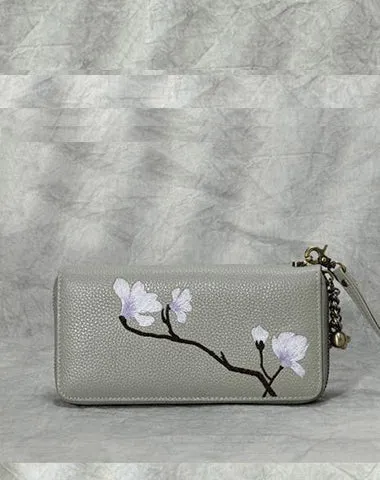 Magnolia Flower Embroidery Blue Leather Magnolia Wristlet Wallet Womens Zip Around Wallets Flowers Magnolia Ladies Zipper Clutch Wallet for Women