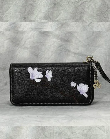 Magnolia Flower Embroidery Blue Leather Magnolia Wristlet Wallet Womens Zip Around Wallets Flowers Magnolia Ladies Zipper Clutch Wallet for Women