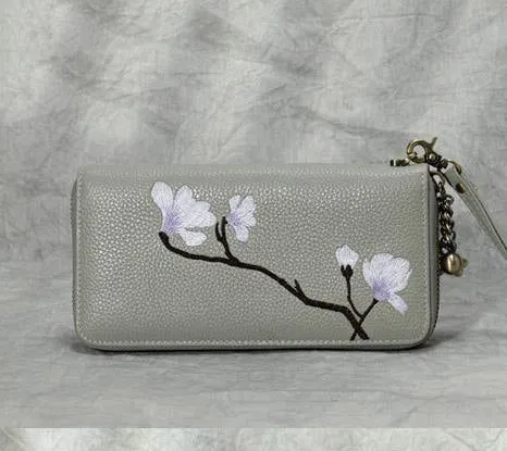 Magnolia Flower Embroidery Blue Leather Magnolia Wristlet Wallet Womens Zip Around Wallets Flowers Magnolia Ladies Zipper Clutch Wallet for Women