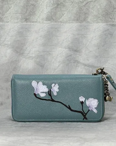 Magnolia Flower Embroidery Blue Leather Magnolia Wristlet Wallet Womens Zip Around Wallets Flowers Magnolia Ladies Zipper Clutch Wallet for Women