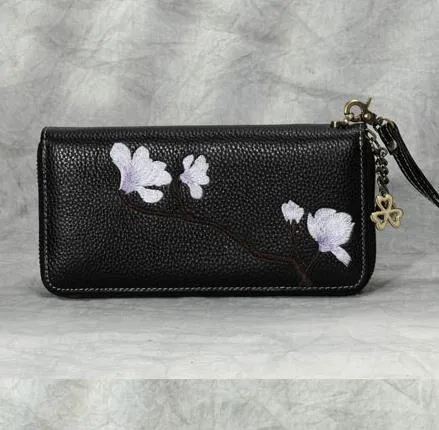 Magnolia Flower Embroidery Blue Leather Magnolia Wristlet Wallet Womens Zip Around Wallets Flowers Magnolia Ladies Zipper Clutch Wallet for Women