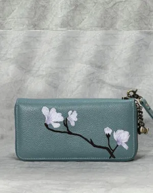 Magnolia Flower Embroidery Blue Leather Magnolia Wristlet Wallet Womens Zip Around Wallets Flowers Magnolia Ladies Zipper Clutch Wallet for Women