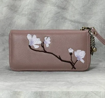 Magnolia Flower Embroidery Blue Leather Magnolia Wristlet Wallet Womens Zip Around Wallets Flowers Magnolia Ladies Zipper Clutch Wallet for Women