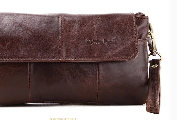Men Leather clutch Vintage Bifold Coffee Long wallet women leather zip clutch bag
