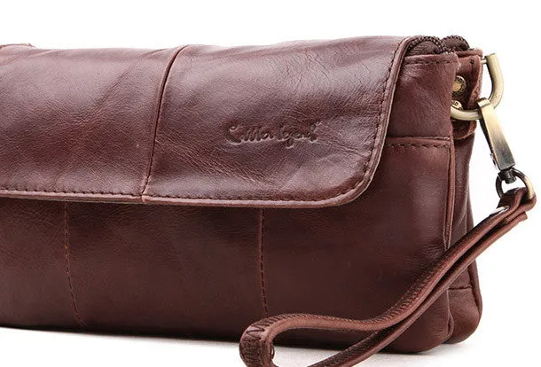 Men Leather clutch Vintage Bifold Coffee Long wallet women leather zip clutch bag