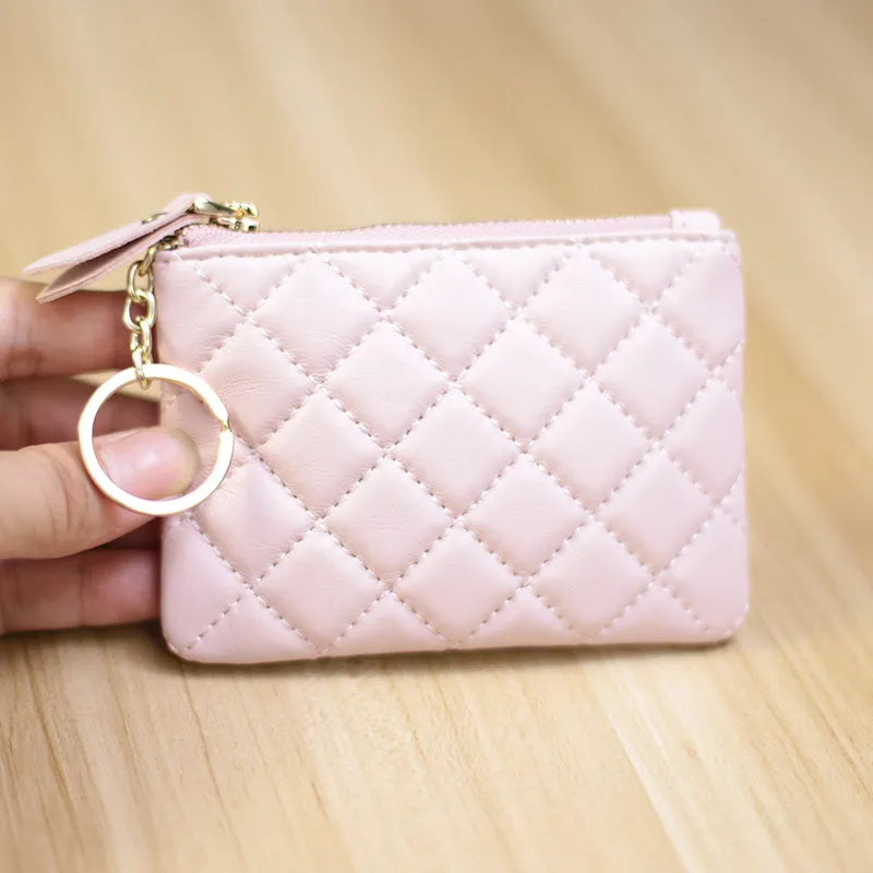Mini Women Black Leather Zip Coin Wallet with Keychains Keys Wallet Small Zip Change Wallet For Women