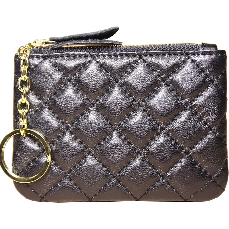 Mini Women Black Leather Zip Coin Wallet with Keychains Keys Wallet Small Zip Change Wallet For Women