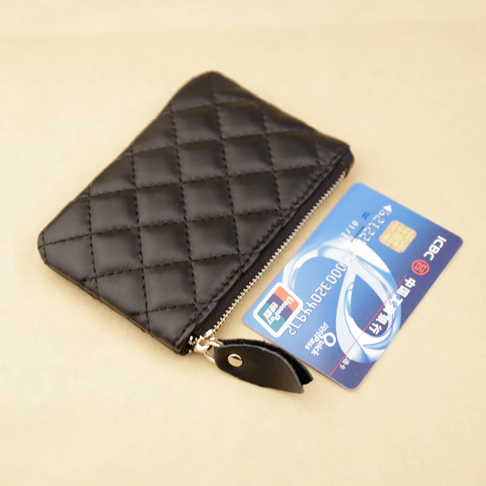 Mini Women Black Leather Zip Coin Wallet with Keychains Keys Wallet Small Zip Change Wallet For Women