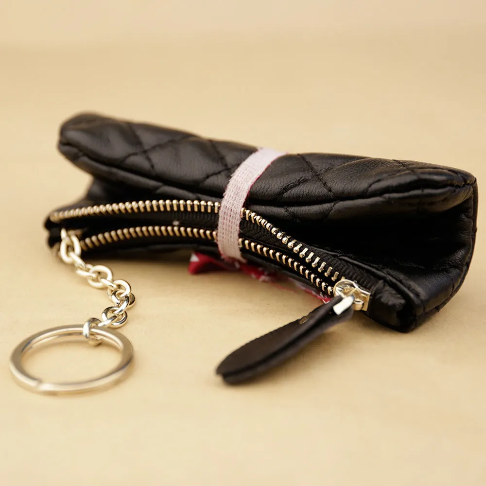 Mini Women Black Leather Zip Coin Wallet with Keychains Keys Wallet Small Zip Change Wallet For Women