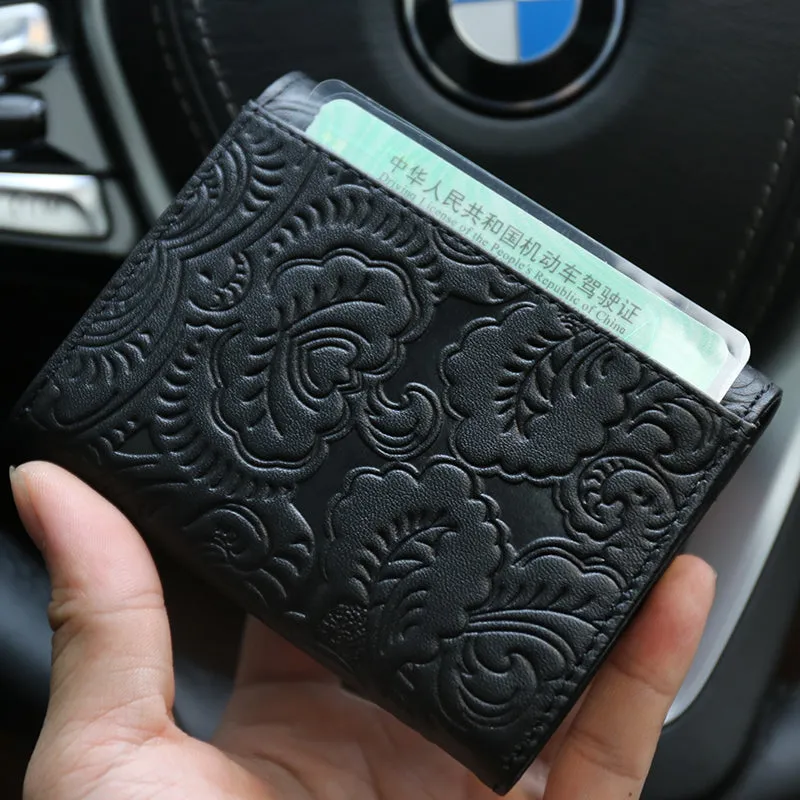 Mini Womens Black Leather Billfold Wallet SunFlower Small Wallet with Coin Pocket Envelope Wallet for Ladies
