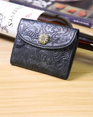 Mini Womens Black Leather Billfold Wallet SunFlower Small Wallet with Coin Pocket Envelope Wallet for Ladies