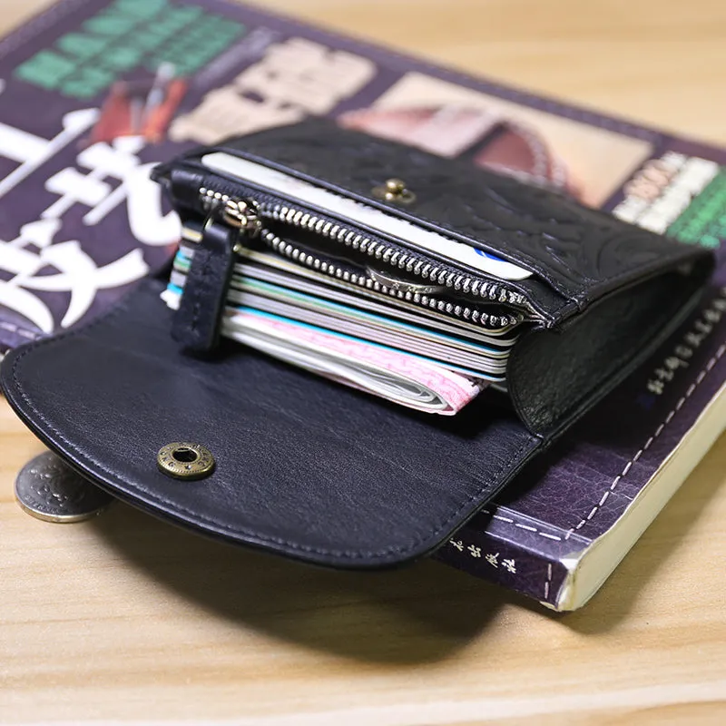 Mini Womens Black Leather Billfold Wallet SunFlower Small Wallet with Coin Pocket Envelope Wallet for Ladies