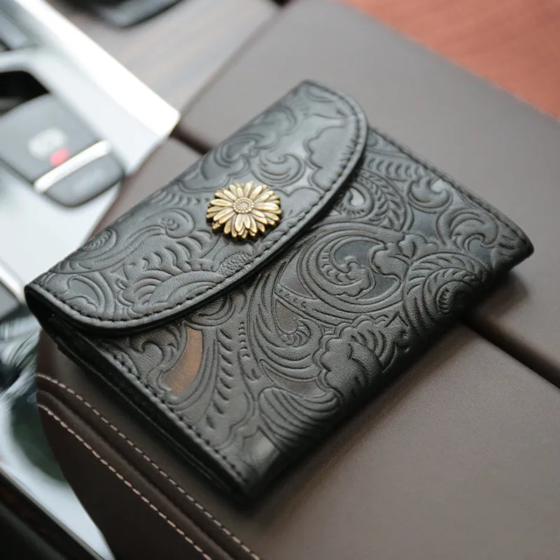 Mini Womens Black Leather Billfold Wallet SunFlower Small Wallet with Coin Pocket Envelope Wallet for Ladies