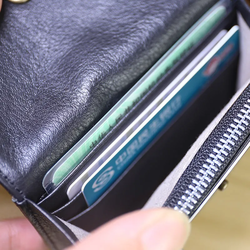 Mini Womens Black Leather Billfold Wallet SunFlower Small Wallet with Coin Pocket Envelope Wallet for Ladies