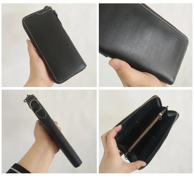 [On Sale] Handmade Mens Long Biker Wallets with Chain Cool Zipper Leather Biker Chain Wallets