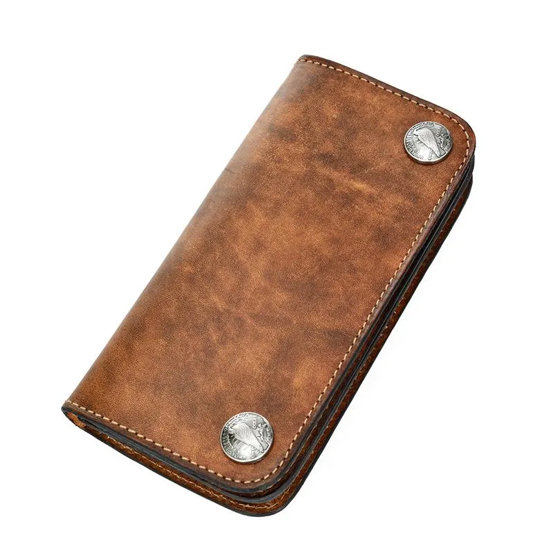 [On Sale] Handmade Mens Long Biker Wallets with Chain Cool Zipper Leather Biker Chain Wallets