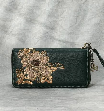 Peony Embroidery Black Leather Peony Wristlet Wallet Womens Zip Around Wallets Flowers Peony Ladies Zipper Clutch Wallet for Women