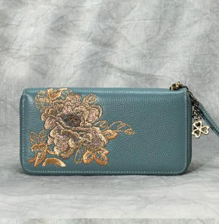Peony Embroidery Black Leather Peony Wristlet Wallet Womens Zip Around Wallets Flowers Peony Ladies Zipper Clutch Wallet for Women