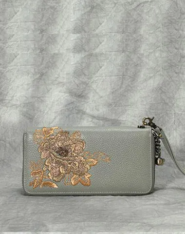 Peony Embroidery Black Leather Peony Wristlet Wallet Womens Zip Around Wallets Flowers Peony Ladies Zipper Clutch Wallet for Women