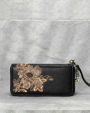 Peony Embroidery Black Leather Peony Wristlet Wallet Womens Zip Around Wallets Flowers Peony Ladies Zipper Clutch Wallet for Women